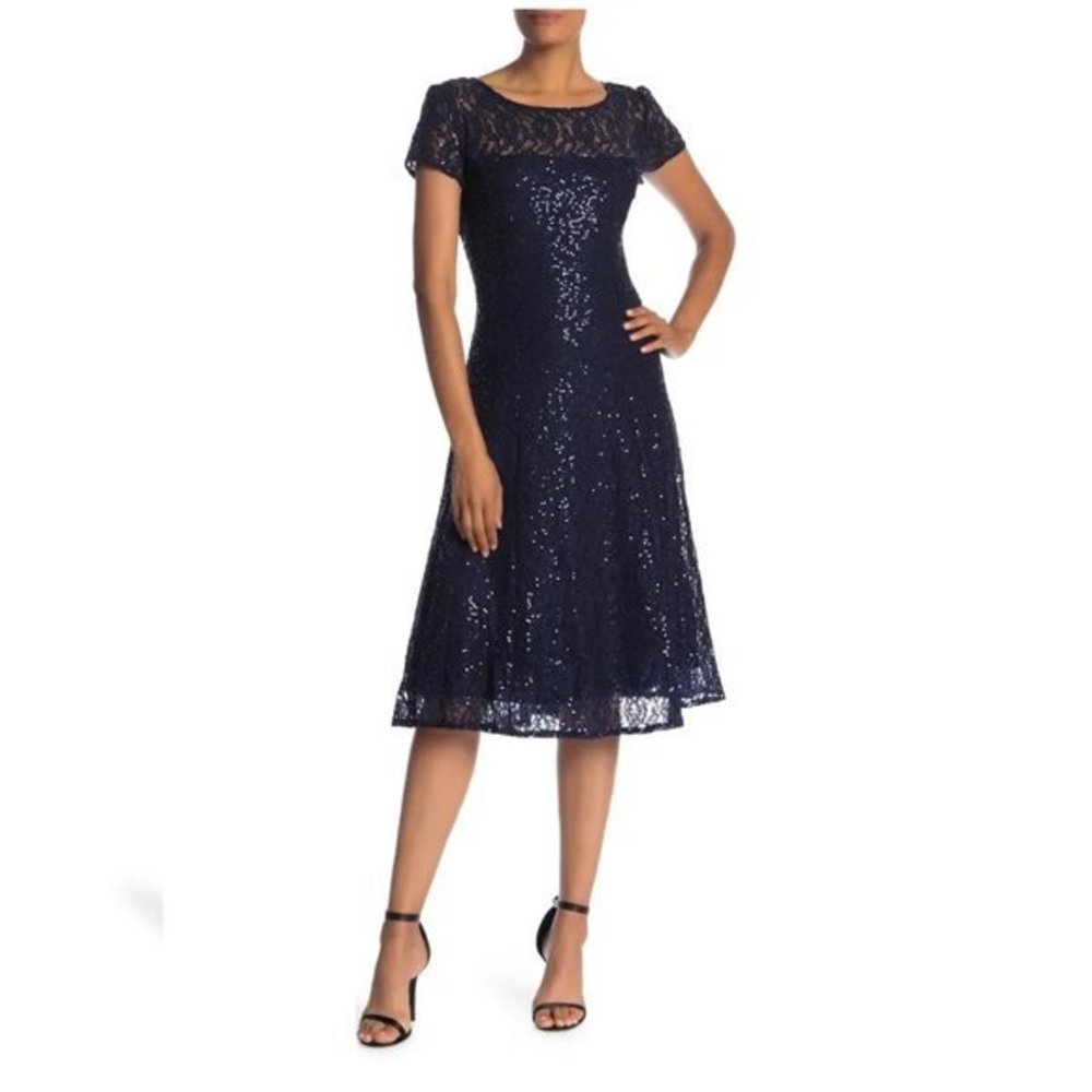 Women's SL Fashions Tea Length Sequins Lace Midi Dress Short Sleeves Navy‎ Blue